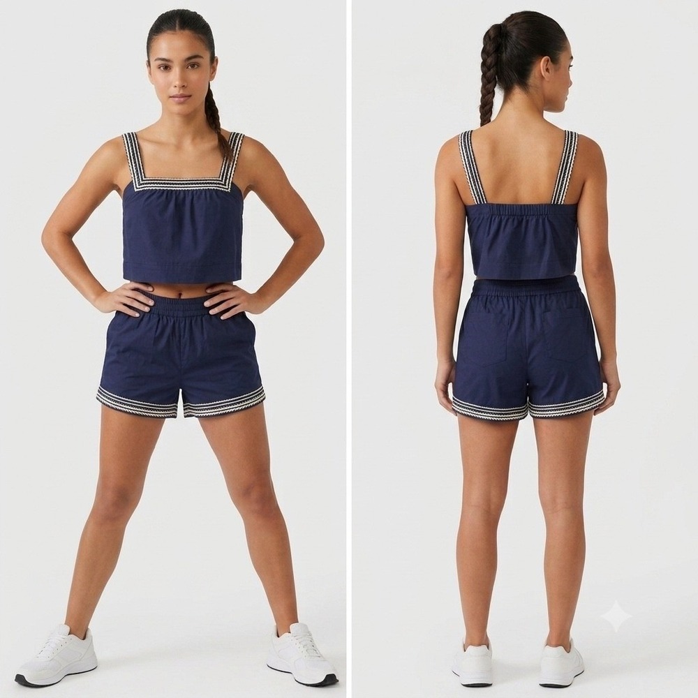 New Caroline Constas Navy Blue Ric-Rac Trim Crop Top and Shorts Set Womens XS